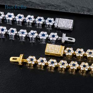 Collar de Cadena con Eslabones de Flores de Plata de Ley 925 de 10 mm con Piedras Azules Oscuras y Heladas, Chapado en Oro de 14K, Estilo Hip Hop para Hombre, Collares de Moissanita - Product Image 5