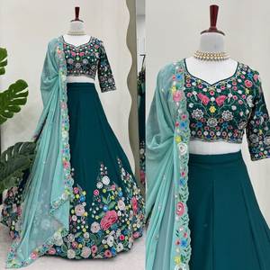 El diseñador indio más vendido tradicional Chinon seda Lehenga Choli con bordado para Bodas de fiesta de verano incluye Dupatta - Product Image 6