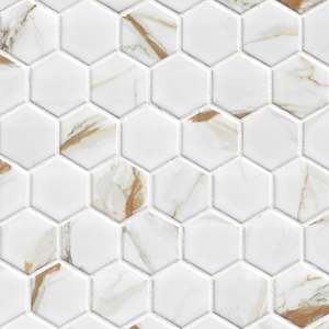 Carreaux de mosaïque Union Calacatta Gold Marble 2, motif hexagonal moderne, 8 mm d'épaisseur, résistants à l'eau, pour murs intérieurs, finition polie - Product Image 1