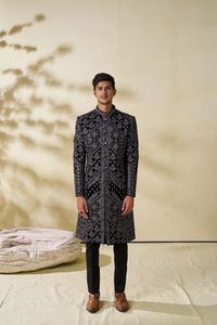 2024 Custom BEAUTIFUL RESHAM THREADS EMBROIDERY GROOM BLACK SHERWANI <b>PANT</b> SIlk Fabric Embellished Crystal Glass Beads Dabka Work - Product Image 2