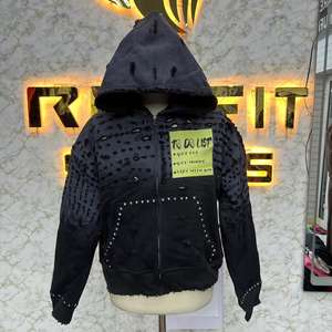 Sudadera con Capucha Desgastada, Chaqueta con Cierre de Cremallera y Pedrería, Lavado Ácido, Precio Ajustable, Estilo de Moda, Cremallera Rosa, Sudadera de Forro Polar para Hombre, Ropa Urbana - Product Image 3