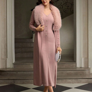 Elegante maglione lavorato a maglia da donna autunno inverno abito senza maniche e Cardigan lungo 2 pezzi - Product Image 1