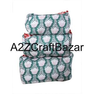 Indian Quilted Eco-Friendly Reusable Zipper Closure Cotton Cosmetic <b>Case</b> Soft Handle Large Capacity <b>Makeup</b> Pouch Women's <b>Travel</b> - Product Image 1