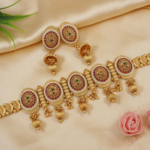 ชุดเครื่องประดับทองแดงสำหรับงานแต่งงานของเจ้าสาวชุดเครื่องประดับสำหรับผู้หญิงต่างหูและสร้อยคอสไตล์อินเดีย - Product Image 1