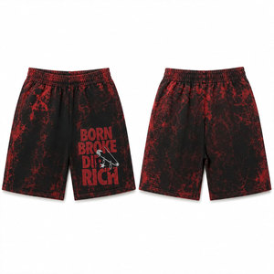 Pantalones Cortos Casuales para Hombre, Rojos y Negros, con Estampado Tie Dye, Cintura Elástica, Transpirables, de Poliéster, con Logotipo Frontal y Patrón de Letras - Product Image 1
