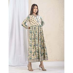 Vestido Largo de Algodón Estampado Verde Crema con Cuello Mandarín, Transpirable y Casual para Club, Suministro ODM - Product Image 6