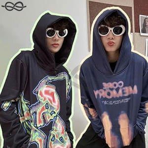 Custom Heavy Fleece Inside Vintage Faded Worker Sudadera con capucha con logotipo bordado Acid Wash Print Hoodie - Product Image 6