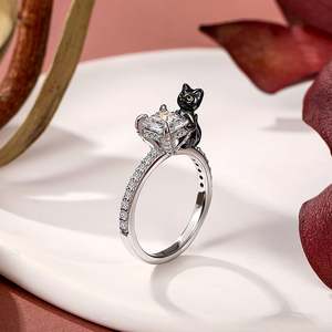 Jeulia Hug Me Black Cat Hidden Halo <b>Ring</b>-Rhodium Plated Sterling Silver Adjustable Anniversary <b>Ring</b> - Product Image 4