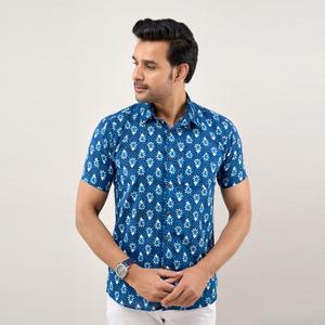 <b>Men's</b> Indigo Blue Poplin Cotton Printed Casual <b>Shirt</b> Regular Fit Breathable <b>Flower</b>-Printed Size 6XL for Summer - Product Image 2