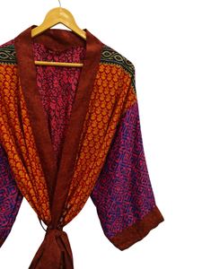 Peignoir d'été Peignoir multicolore Robe de nuit pour femme Robe longue, Kimono indien vintage en soie recyclée imprimé floral, - Product Image 3