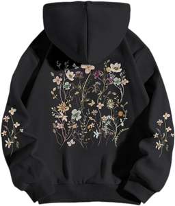 <b>Black</b> <b>Women's</b> Floral Printed Hoodies Vintage Aesthetic Flower Graphic Sweatshirt Cute Boho <b>Fleece</b> Thermal Hoodie Pullover - Product Image 2