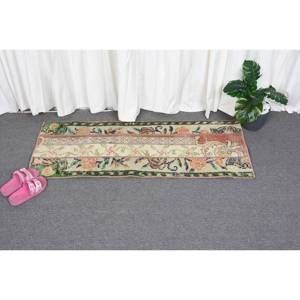 Tapis en laine turque vintage 1.6x4,1 pieds Beige et vert grande zone de patchwork rectangulaire avec support en latex pour décor de couloir - Product Image 4