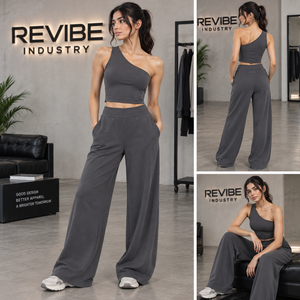 Women One Shoulder Crop Top <b>Wide</b> <b>Leg</b> <b>Pants</b> Two Piece Activewear <b>Lounge</b> Set High Waist OEM Private Label Wholesale - Product Image 4