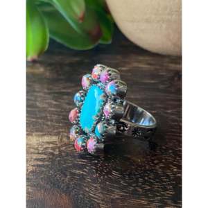 Southwest Handmade Multi Stone Sterling <b>Silver</b> <b>Adjustable</b> Cluster <b>Ring</b> 6mm Bezel & Invisible Setting - Product Image 4