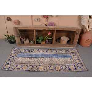 Blue Beige Vintage Turkish Wool <b>Rug</b> 26 X 62ft Handmade Boho Patchwork Design for <b>Bedroom</b> Rectangular Hallway Latex for Bedside - Product Image 4