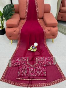 Saree en fausse georgette avec fil et séquence | Kamar Belt Mon Banglori Silk Blouse Bridal Collection - Product Image 5