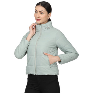 Women's Light Green Quilted <b>Jacket</b> Stand Collar Full Sleeve Zipper Closure Short Length Polyester Shell Autumn Wear - Product Image 1
