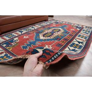 พรมตุรกีโบราณ ขนาด 5.5x8.5 ฟุต พรมลายตารางสีแดง ทำจากขนสัตว์ - Product Image 3