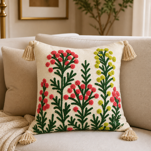Coussin décoratif en coton brodé à la main avec insert, motif prairie botanique rose, avec pompons, pour salon - Product Image 2