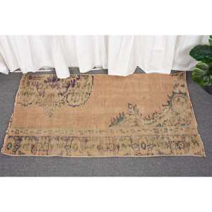 Alfombra Turca Vintage de Lana de 2 x 3.5 pies, Beige y Azul, Tejido Plano, Ecológica, Pelo Medio, para Decoración de Comedor, Látex - Product Image 1