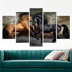 Toile imprimée : Décoration murale animale, Affiche deux chevaux, Art de ferme et loft, Mix 5P : Toile tendue - Product Image 1