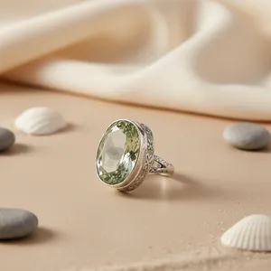 Anillo de Plata 925 Estilo Boho Hecho a Mano para Mujer, Cuarzo Blanco, Corte Ovalado, Topacio con Patrón Geométrico, Baño de Rodio, Joyería de Diseño - Product Image 1