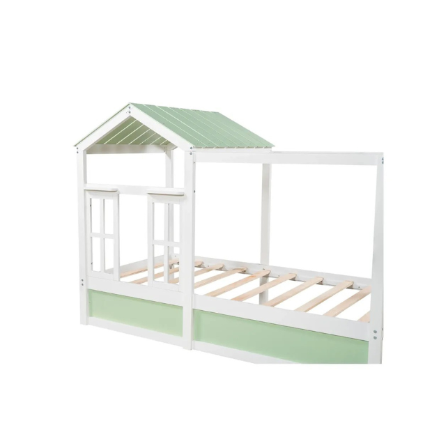 Twin Size House Bed with Roof Window and Drawer Green White for Kids OEM Supplier From Vietnam Following Your Brand