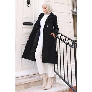 Manteau en laine noir pour femme avec ceinture, collection 19271, manteaux élégants en duvet - Product Image 3