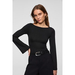 GRIMELANGE Blusa elástica suave de manga ancha con cuello barco para mujer - Product Image 3