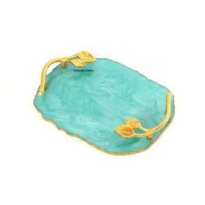 ถาดรองจานทรงสี่เหลี่ยมผืนผ้าทำจากเรซิ่นน้ำถาดเสิร์ฟพร้อมด้ามจับสีทองหรูหราดีไซน์ทันสมัยทำด้วยมือสำหรับห้องครัวรับประทานอาหารอเนกประสงค์ - Product Image 1