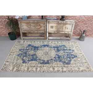 Alfombra Turca Vintage, Alfombra Extra Grande de 3.1x6.3 pies (94x193 cm), Alfombra de Lana con Rayas Azules - Product Image 3