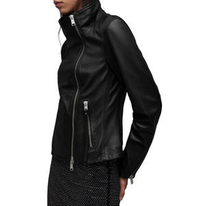 Chaqueta de cuero de motorista de cuero de lujo clásico para mujer Cierre de cremallera asimétrica Cuello alto Puños con cremallera. - Product Image 3