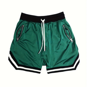 Custom Green Basketball Shorts With Black Waistband White Trim And Zipper Pockets Breathable Mesh <b>Athletic</b> Sportswear - Product Image 1