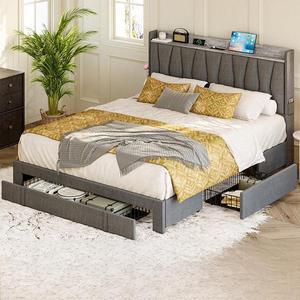 Cadre <span class=keywords><strong>de</strong></span> <span class=keywords><strong>lit</strong></span> rembourré intelligent avec ports USB, <span class=keywords><strong>lit</strong></span> plateforme en lin gris foncé avec tiroirs, meubles en kit KD - Product Image 3
