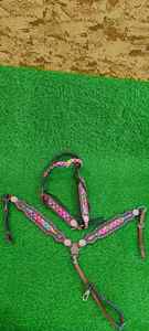 Western horse breast collar <b>leather</b> tack chest <b>harness</b> geometric bead concho stud adjustable strap riding halter gear set - Product Image 6
