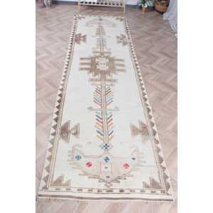 Tapis vintage 0,3 x 11,8 pieds, tapis Herki, tapis blanc à pois en laine - Product Image 1
