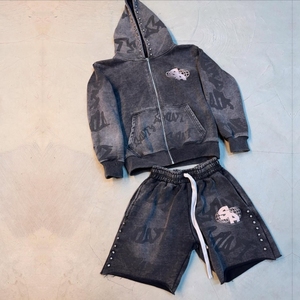 Ensemble de survêtements à capuche d'hiver en coton lourd unisexe à coupe régulière à imprimé bouffant strass délavé à l'acide respirant - Product Image 3