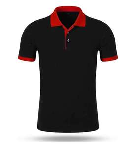 Polo promotionnel unisexe noir de haute qualité avec col rouge, manches courtes, conçu et fabriqué au Pakistan - Product Image 1