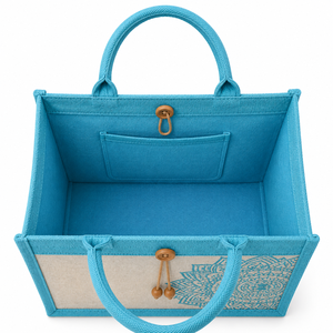 Bolsa de Yute Laminada Azul con Estampado de Mandala y Botón de Madera, Bolsa de Compras Reutilizable Ecológica para Exposiciones y Bodas - Product Image 6