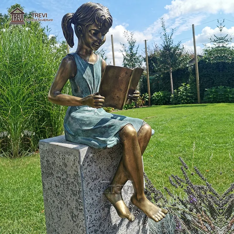 Large Metal Humans Figure Sculpture Bronze Girl Reading Book Statue