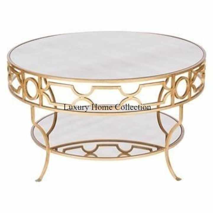 Gold Color Metal Fancy Look Handmade Center Table With Glass Round Design Top & Base Glass Custom Size Indian Made Coffee Table