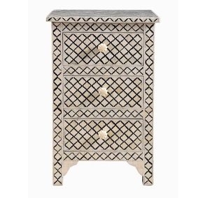 Nouveauté Table de chevet de luxe en bois massif incrustée d'os faite à la main Table de chevet Tiroirs modernes blancs noirs de qualité supérieure - Product Image 1