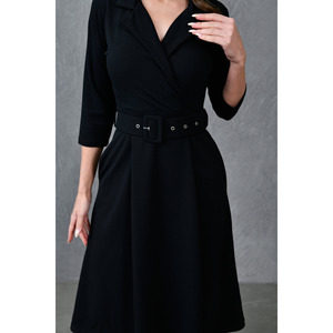 Vestido Midi Informal Negro para Mujer, 100% Poliéster, con Cuello Cruzado, Mangas 3/4 y Detalle de Cinturón, Cintura Natural, XS-020 - Product Image 4