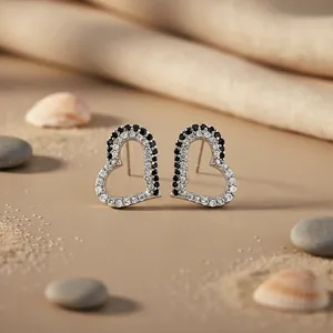 Trendy Vintage Religious 925 <b>Silver</b> Heart <b>Stud</b> <b>Earrings</b> for Women Rhodium Plated with Black & White Zircon & Pearl for Parties - Product Image 3