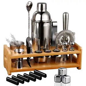 Soporte de madera Premium Cocktail Shaker Bar Tools Set Kit de bartender hecho a medida con todos los accesorios de Bar Juego de cóctel