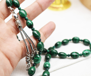 Pierre précieuse en cristal Tasbeeh de malachite naturelle Perles ovales de prière musulmane en argent sterling 92.5 Perles en cristal naturel - Product Image 4