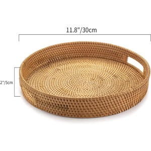 Panier de service en rotin rond fait à la main Plateau de service tissé avec poignée pour table à manger et meubles de cuisine - Product Image 2