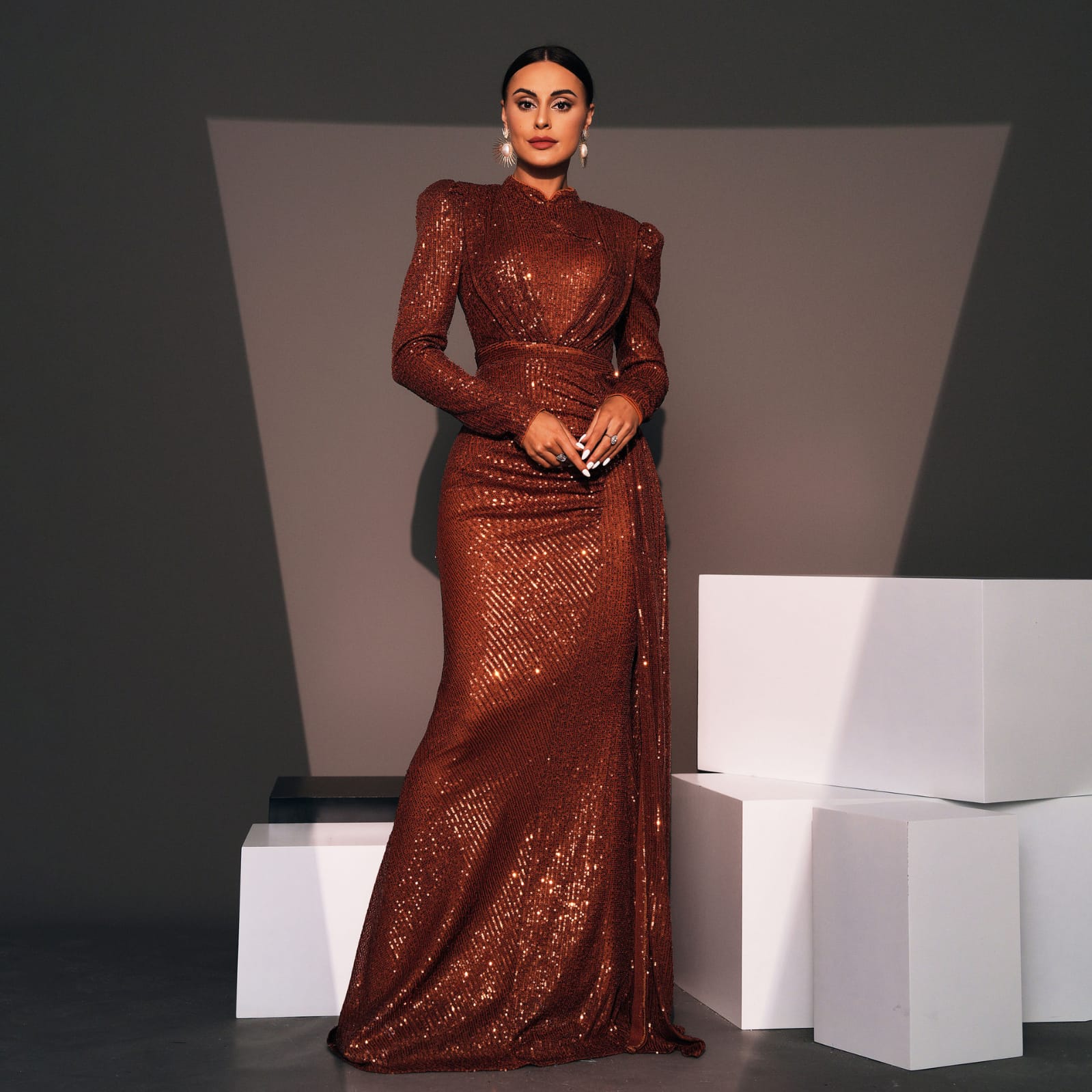 Burgundy Full Sleeves Women's A-Line Evening Dress with O-Neck Gown  Embroidery Anti-static Front Logo for Bridal Wear Export| Alibaba.com