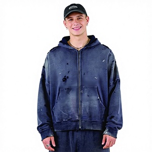 Hoodie vintage en molleton brossé surdimensionné et court avec design déchiré, logo personnalisé brodé ou imprimé, style streetwear pour homme - Product Image 1