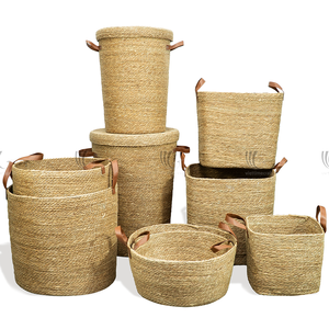 Eco friendly Hand Coiled Seagrass Woven Basket Set with Leather Handles, Durable Natural Woven Storage <b>Hamper</b> for Home Decor - Product Image 1